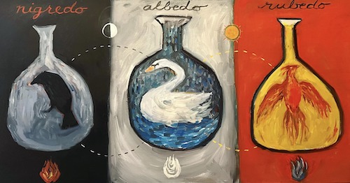 錬金術変容のプロセス3段階（ニグレド / 黒化、アルベド / 白化、ルベド / 赤化）