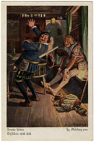 グリム童話挿絵、こん棒、袋からでろ